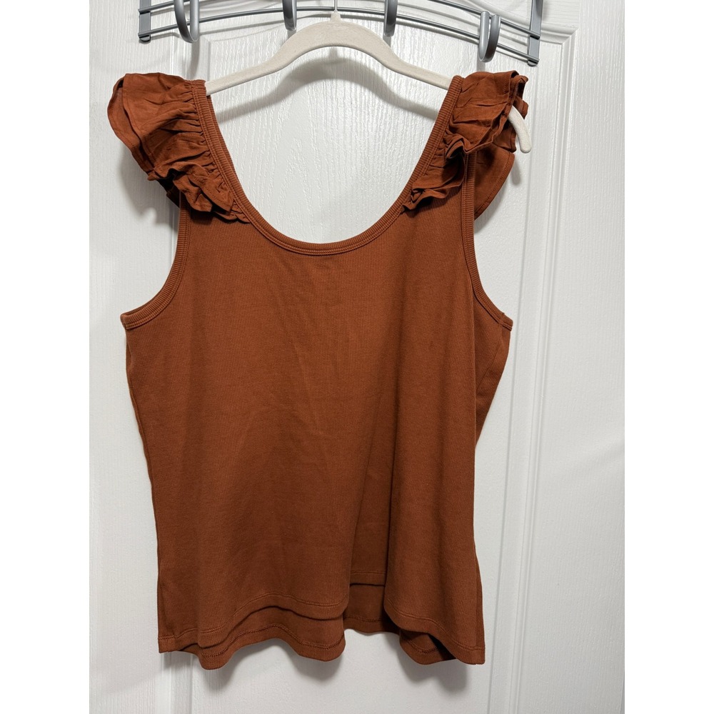 New Old Navy Womens 2X Ribbed Ruffle trim Knit Tank Top Plus Size Chestnut brown - Picture 2 of 15